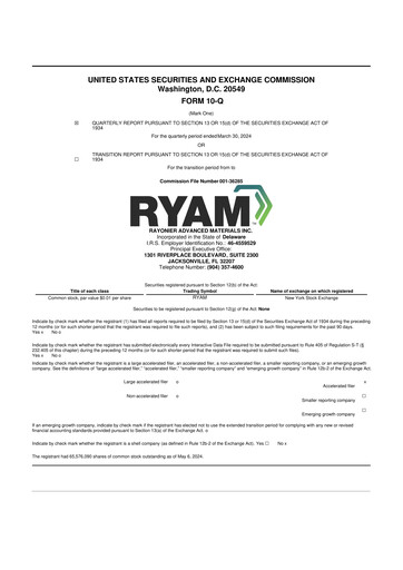 Miniature Rayonier Advanced Materials
 10-Q Rapport trimestriel 2024 
