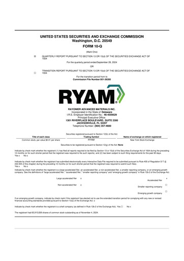 Miniature Rayonier Advanced Materials
 10-Q Rapport trimestriel 2024 