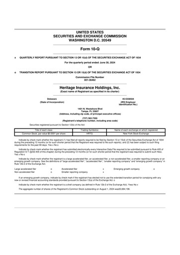 Miniature Heritage Insurance 10-Q Rapport trimestriel 2024 