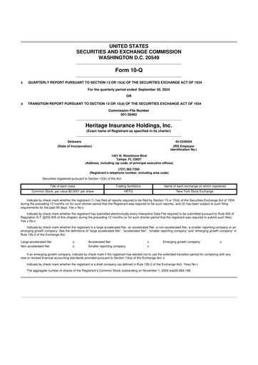 Miniature Heritage Insurance 10-Q Rapport trimestriel 2024 
