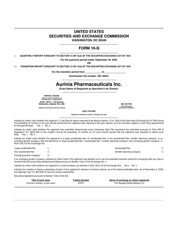 Thumbnail Aurinia Pharmaceuticals
 10-Q Quarterly Report FY2025 