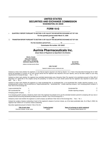 Miniature Aurinia Pharmaceuticals
 10-Q Rapport trimestriel  