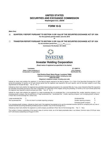 Thumbnail Investar Holding
 10-Q Quarterly Report FY2018 