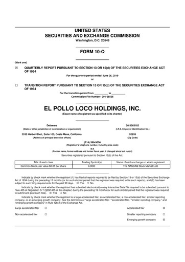Thumbnail El Pollo Loco
 10-Q Quarterly Report FY2019 