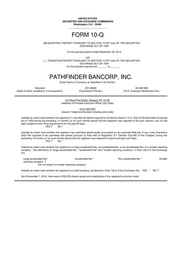 Miniature Pathfinder Bancorp 10-Q Rapport trimestriel 2014 
