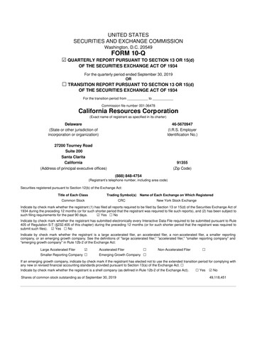 Thumbnail California Resources Corporation
 10-Q Quarterly Report FY2019 