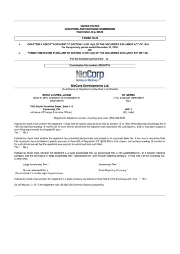 Thumbnail NioCorp Developments 10-Q Quarterly Report FY2016 