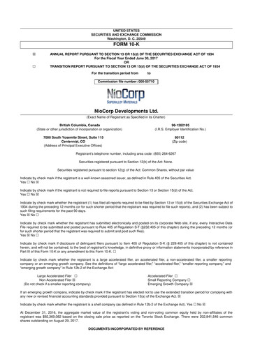 Miniature NioCorp Developments 10-K Rapport annuel 2017