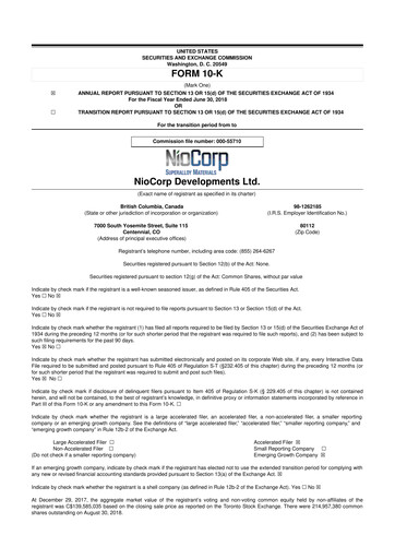 Miniature NioCorp Developments 10-K Rapport annuel 2018
