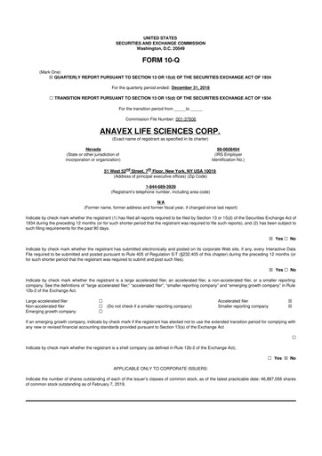 Thumbnail Anavex Life Sciences
 10-Q Quarterly Report FY2019 