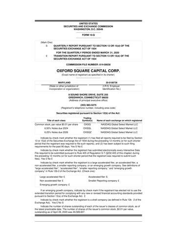 Miniature Oxford Square Capital
 10-Q Rapport trimestriel  