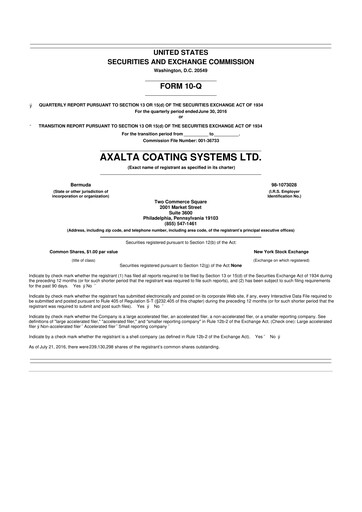 Miniature Axalta 10-Q Rapport trimestriel 2016 