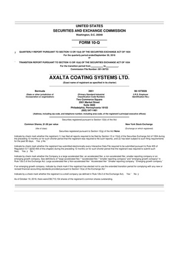 Miniature Axalta 10-Q Rapport trimestriel 2018 