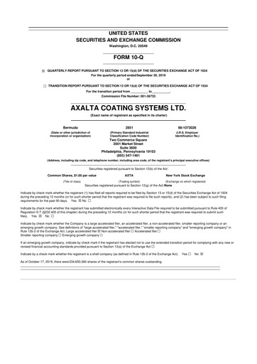 Miniature Axalta 10-Q Rapport trimestriel 2019 