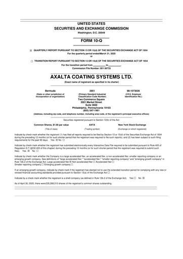 Miniature Axalta 10-Q Rapport trimestriel 2020 