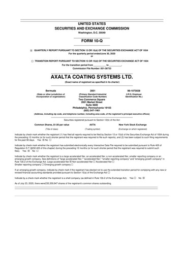 Miniature Axalta 10-Q Rapport trimestriel 2020 