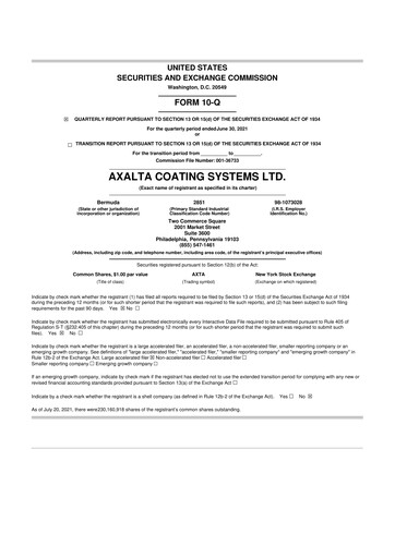 Miniature Axalta 10-Q Rapport trimestriel 2021 