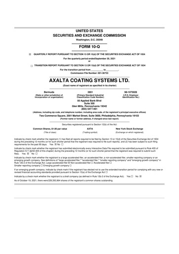 Miniature Axalta 10-Q Rapport trimestriel 2021 