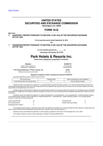 Thumbnail Park Hotels & Resorts

 10-Q Quarterly Report FY2024 