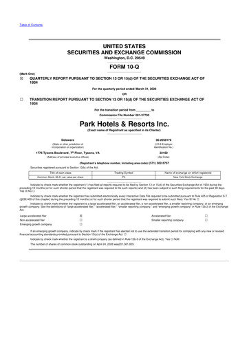 Thumbnail Park Hotels & Resorts

 10-Q Quarterly Report FY 