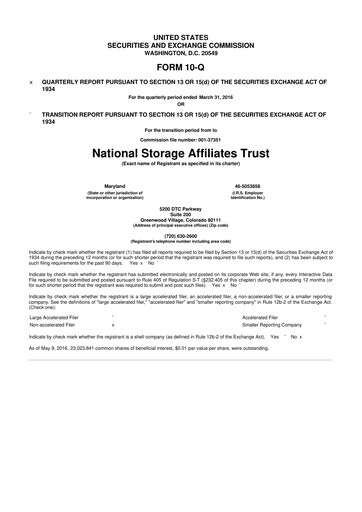 Miniature National Storage Affiliates Trust
 10-Q Rapport trimestriel 2016 