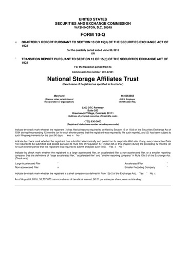 Miniature National Storage Affiliates Trust
 10-Q Rapport trimestriel 2016 