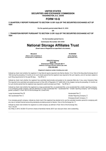 Miniature National Storage Affiliates Trust
 10-Q Rapport trimestriel 2018 