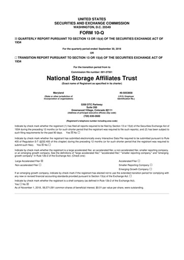 Miniature National Storage Affiliates Trust
 10-Q Rapport trimestriel 2018 