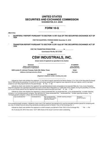 Thumbnail CSW Industrials
 10-Q Quarterly Report FY2019 