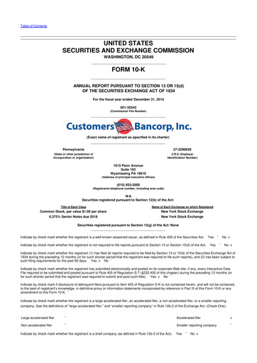 Miniature Customers Bancorp
 10-K Rapport annuel 2014