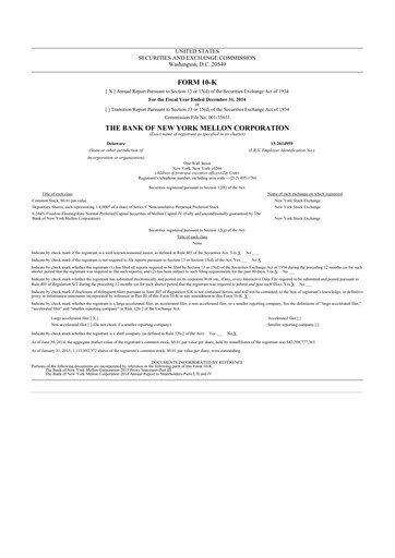 Miniature BNY Mellon (Bank of New York Mellon) 10-K Rapport annuel 2014