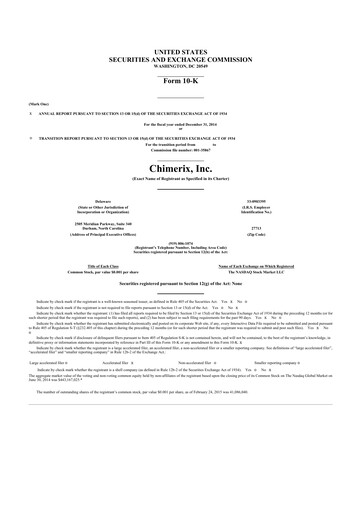 Miniature Chimerix 10-K Rapport annuel 2014