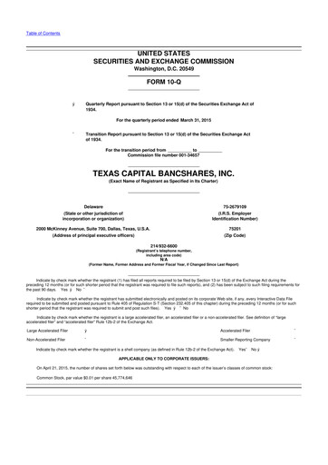 Thumbnail Texas Capital Bancshares 10-Q Quarterly Report FY2015 