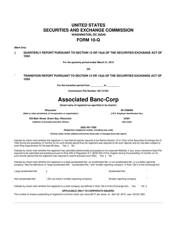 Thumbnail Associated Banc-Corp
 10-Q Quarterly Report FY2015 