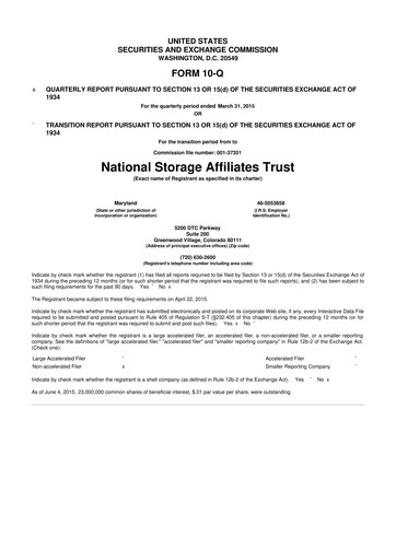 Miniature National Storage Affiliates Trust
 10-Q Rapport trimestriel 2015 