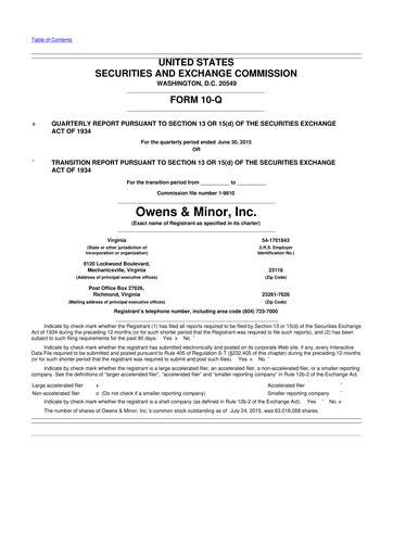 Thumbnail Owens & Minor

 10-Q Quarterly Report FY2015 