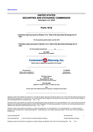 Miniature Customers Bancorp
 10-Q Rapport trimestriel 2016 