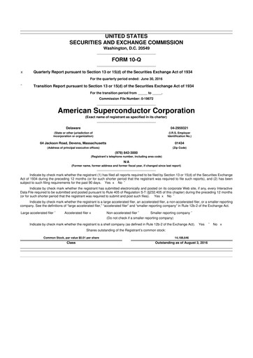 Vorschaubild American Superconductor Corporation 10-Q Quartalsbericht 2016 
