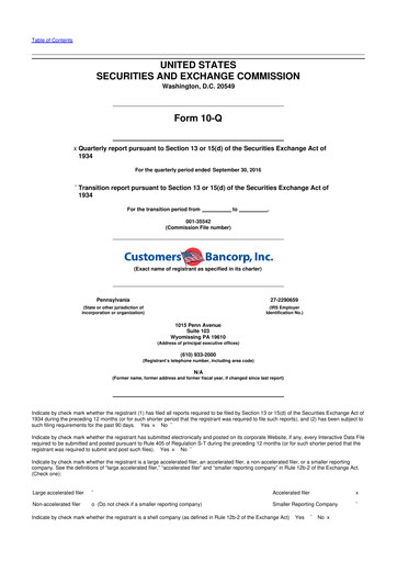 Miniature Customers Bancorp
 10-Q Rapport trimestriel 2016 