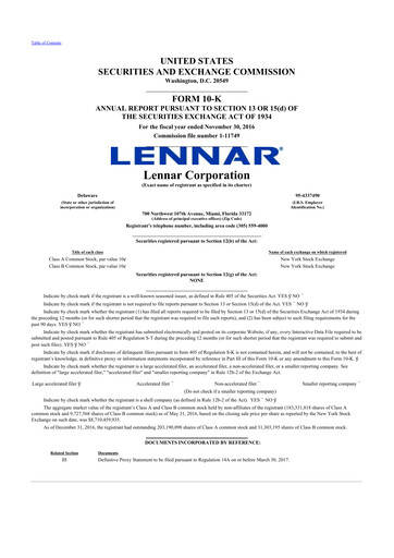 Miniature Lennar 10-K Rapport annuel 2016