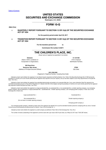 Thumbnail The Children's Place
 10-Q Quarterly Report FY2017 