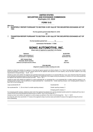 Thumbnail Sonic Automotive
 10-Q Quarterly Report FY2018 