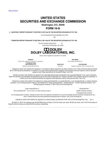 Thumbnail Dolby 10-Q Quarterly Report FY2018 