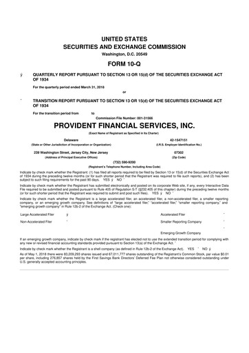 Thumbnail Provident Financial Services 10-Q Quarterly Report FY2018 