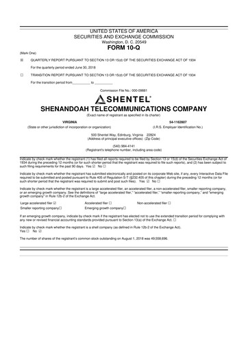 Thumbnail Shentel 10-Q Quarterly Report FY2018 