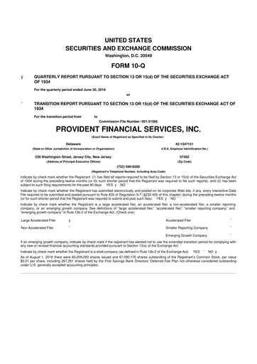 Thumbnail Provident Financial Services 10-Q Quarterly Report FY2018 