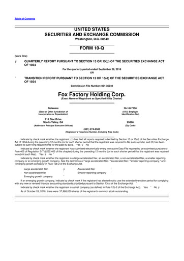 Thumbnail Fox Factory Holding 10-Q Quarterly Report FY2018 