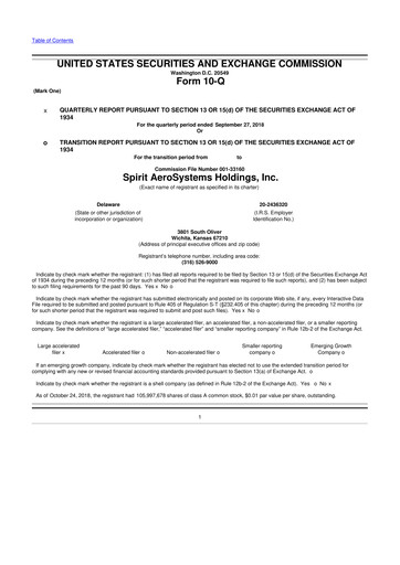 Miniature Spirit AeroSystems 10-Q Rapport trimestriel 2018 