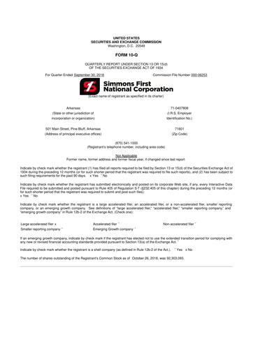 Thumbnail Simmons First National 10-Q Quarterly Report FY2018 