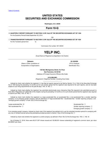 Thumbnail Yelp 10-Q Quarterly Report FY2018 